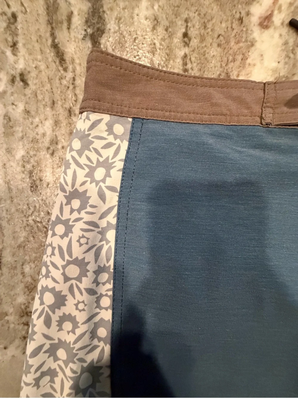 Katin Board Shorts. Blue with Brown Trim. Floral Side Panel Design. Size 31. EUC